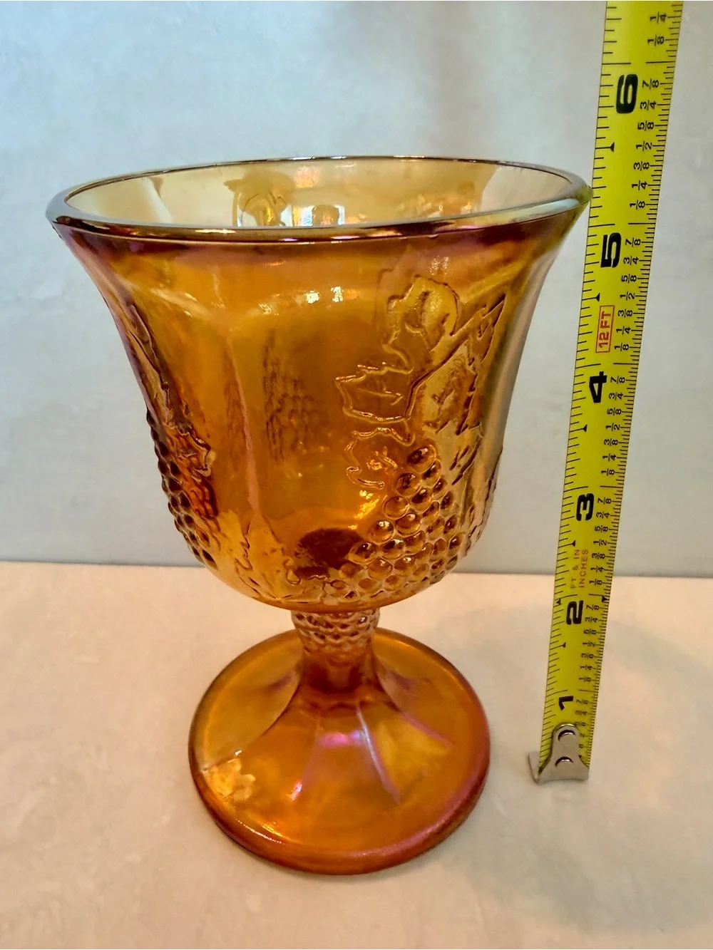 Vintage Indiana Amber Carnival Glass Wine Goblet  “Harvest Grape” Pattern